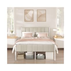Double Metal bed frame with upholstered headboard and easy assembly Cappuccino Beige