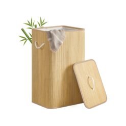 90L Bamboo laundry basket with lid and washable liner Natural Colour