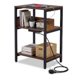 Side Table with Charging Station 3-Tier End Table with Open Storage Shelves-Rustic Brown