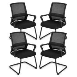 Office Guest Chair Set of 4 with Lumbar Support and Sled Base-Black