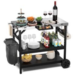 3-Tier Foldable Stainless Outdoor Cart with 2 Wheels-Black