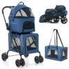 Foldable Double Pet Stroller with Detachable Carriers-Blue