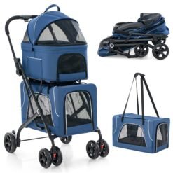 Foldable Double Pet Stroller with Detachable Carriers-Blue