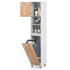 Tall Bathroom Storage Organizer Unit with Rubber Wood Doors-White