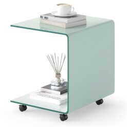 Modern Tempered Glass Side Table with 2-tier Shelf-White