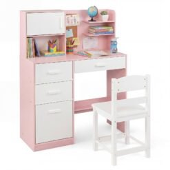 Kids Desk and Chair Set Study Table with Hutch Bulletin Board 3 Drawers-Pink