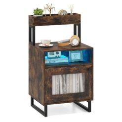 Nightstand with LED Lights Modern End Table with Top Tray-Rustic Brown