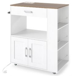 Rolling Kitchen Island with Built-in Charging Station and Lockable Wheels-Natural & White