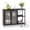 Wine Bar Cabinet with Power Outlets and LED Lights Freestanding Coffee Bar Cabinet-Rustic Brown