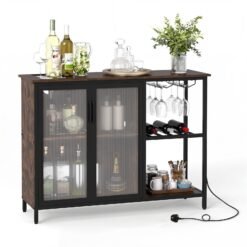 Wine Bar Cabinet with Power Outlets and LED Lights Freestanding Coffee Bar Cabinet-Rustic Brown