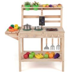 Kids Play Kitchen Set Wooden Kitchen Playset with Stoves-Natural