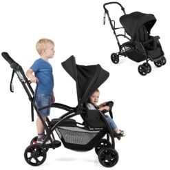 Foldable Twin Tandem Stroller Sit and Stand Double Stroller with Adjustable Handle Bar-Black