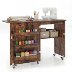 Folding Sewing Table with Storage Shelf and 3 Hidden Bins for Home-Rustic Brown