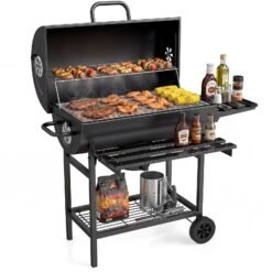 Charcoal BBQ Grill Outdoor Smoker Grill Combo with Thermometer-Black