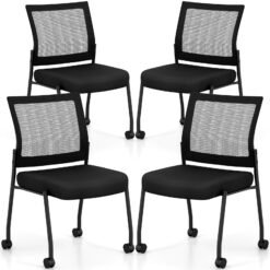 Stackable Armless Waiting Room Guest Chair with Wheels Set of 4-Black