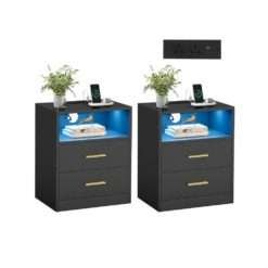 Bedside tables with charging station and LED lighting Ink Black