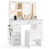 Vanity Desk with Mirror and Lights Makeup Table Set with Storage Stool-White