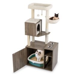 Cat Litter Box Enclosure with Sisal Scratching Post and Mat-Grey