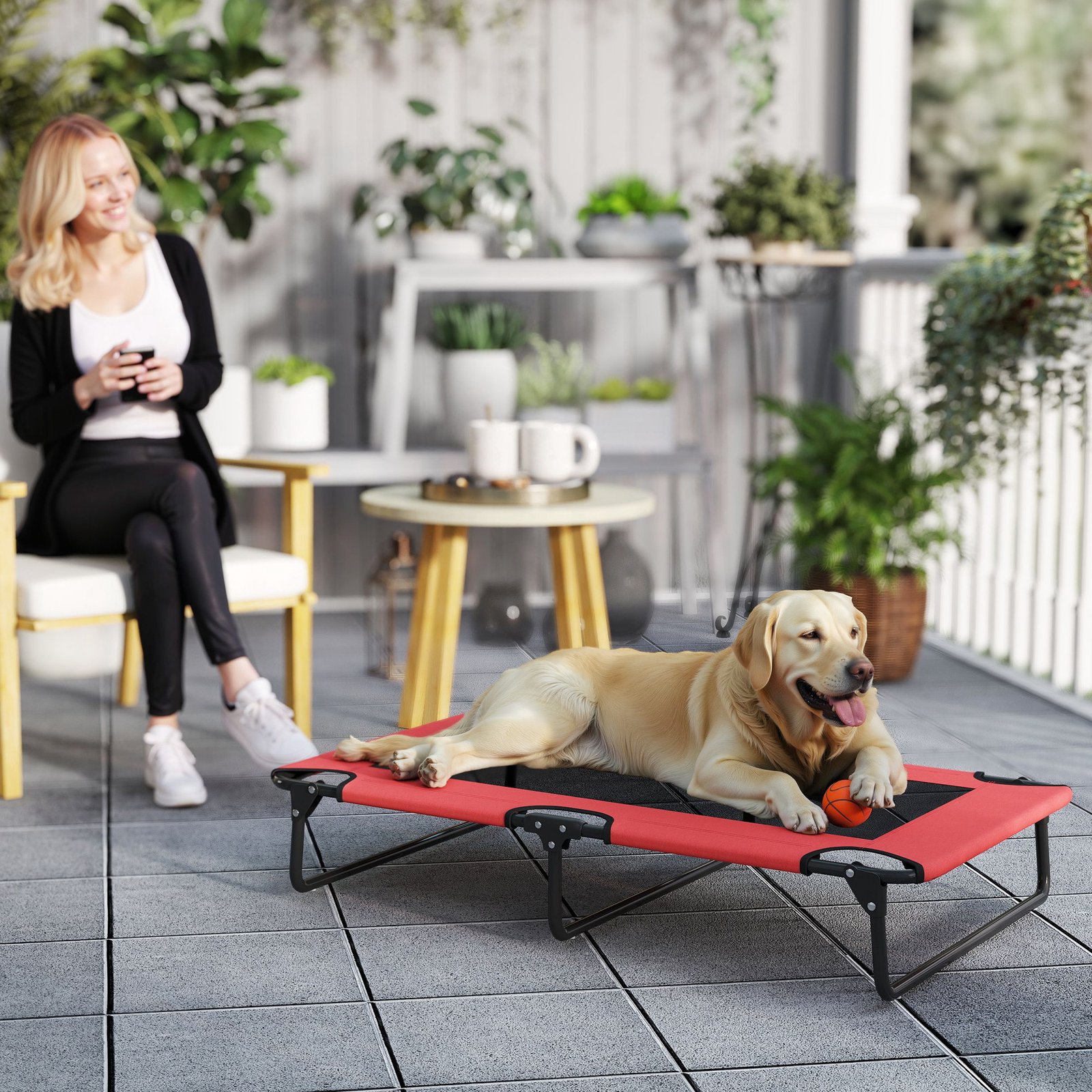 PawHut Portable Raised Dog Bed, Elevated Pet Cot with Breathable Mesh for Indoor Outdoor, for Large Dogs, Red