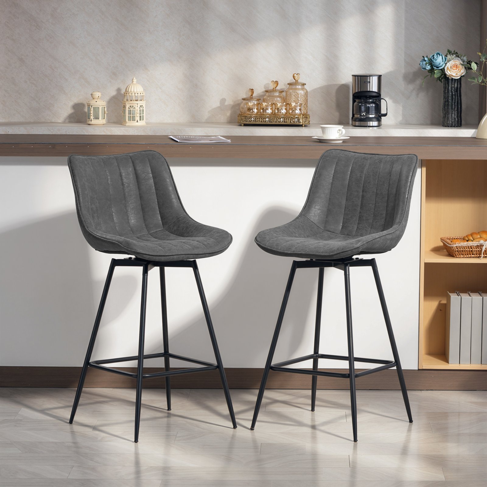 HOMCOM Set of 2 PU Leather Swivel Bar Stools - Grey