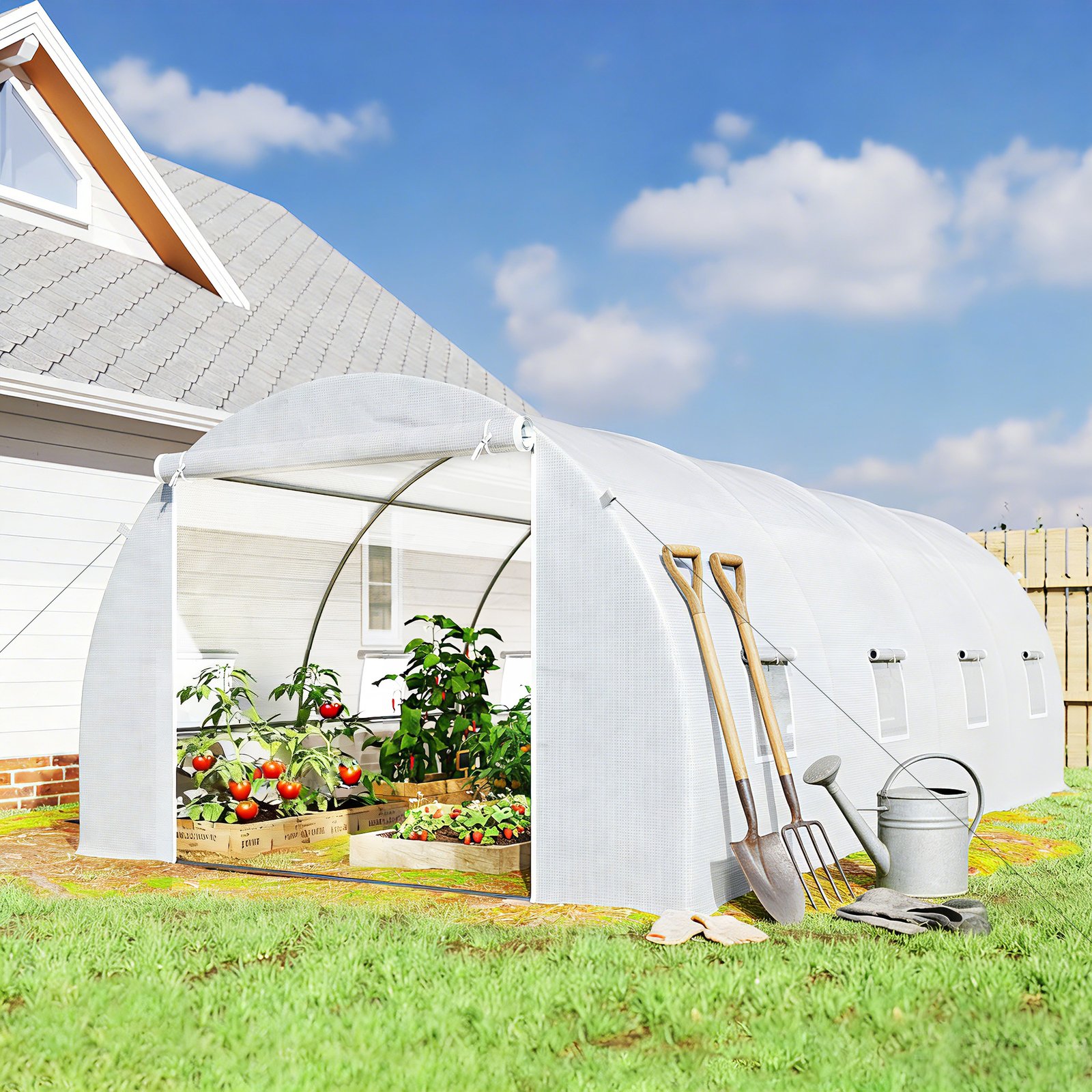 Outsunny 6 x 3 x 2 m Polytunnel Greenhouse, Walk in Polytunnel Tent with Metal Frame, Zippered Door and 8 Windows for Garden and Backyard, White