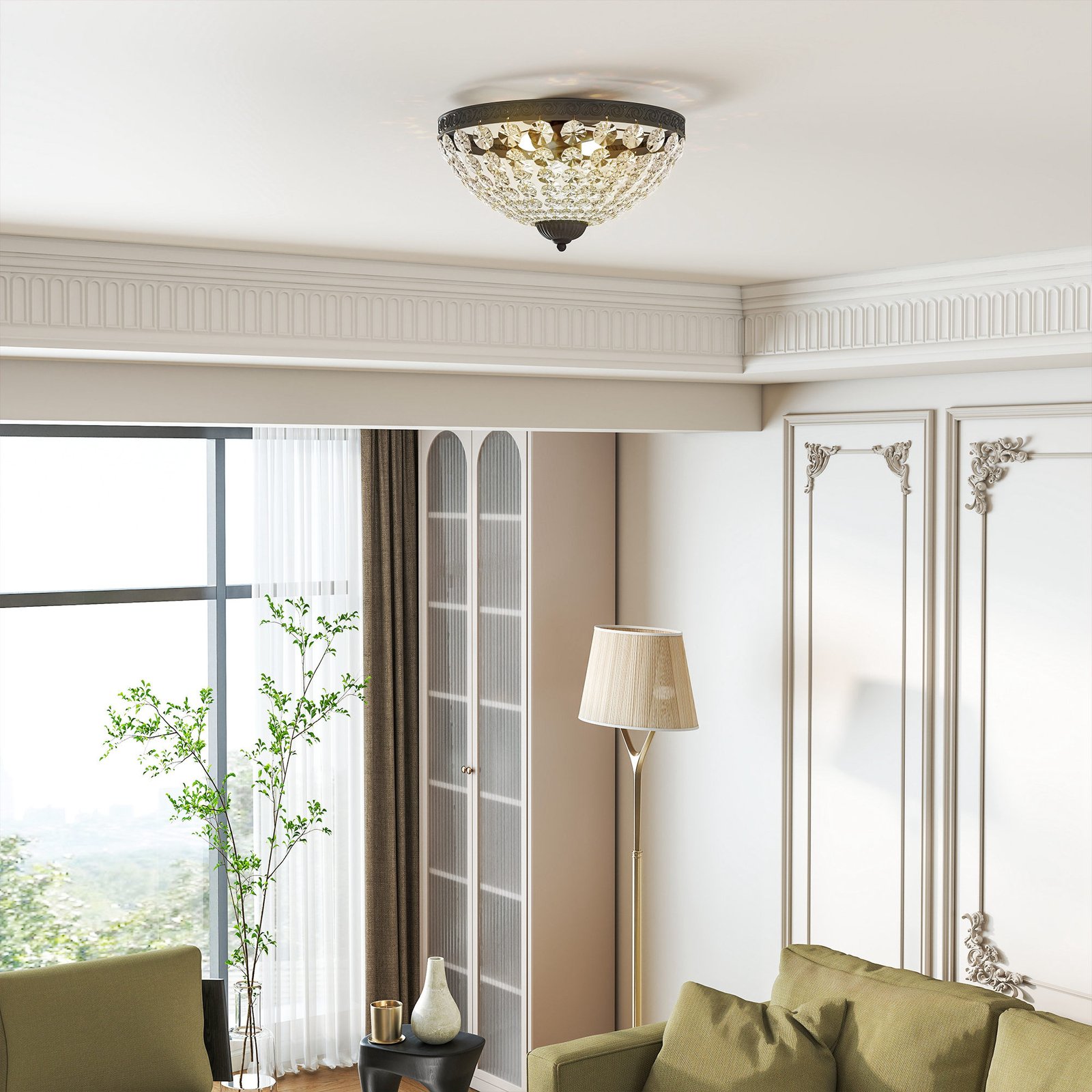 HOMCOM Crystal Chandelier Ceiling Light with 168 Octagonal Beads, Vintage 2-Light Flush Mount Ceiling Light for Living Room, Bedroom, Hallway, Dining Room, Black