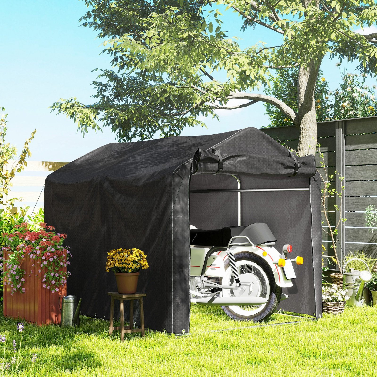 Outsunny 2.2 x 1.6 m Garden Storage Tent, Waterproof Anti-UV Bike Tent with Roll-up Zipper Door, Galvanised Outdoor Storage Shelter Carport for Bike, Motorbike, Garden Tools, Black