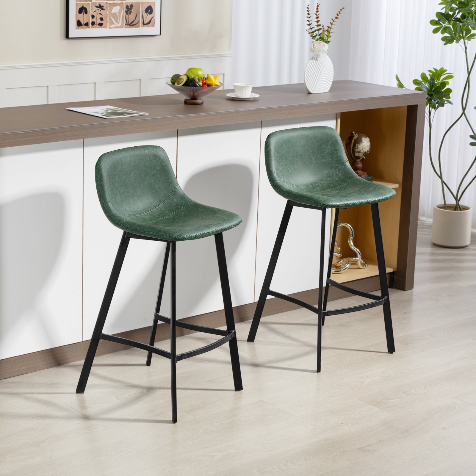 HOMCOM Bar Stools Set of 2, PU Leather Dining Stools with Backrest, Footrest, for Kitchen, Counter, Breakfast Bar, Green