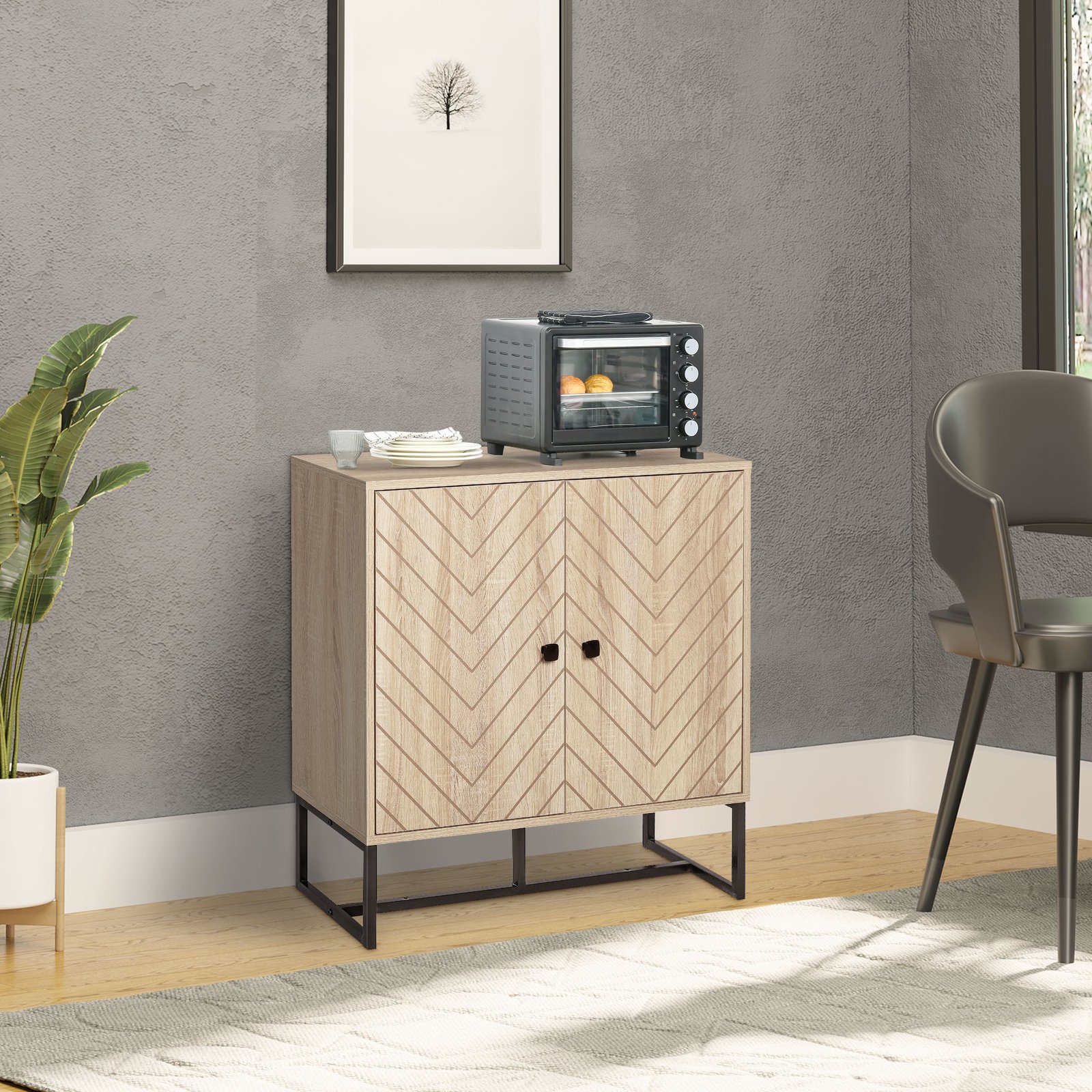 HOMCOM MDF 2-Tier Storage Cabinet Steel Frame Handles Tabletop Unique Home Style Organiser, 80H x 80L x 29.5Wcm-Oak