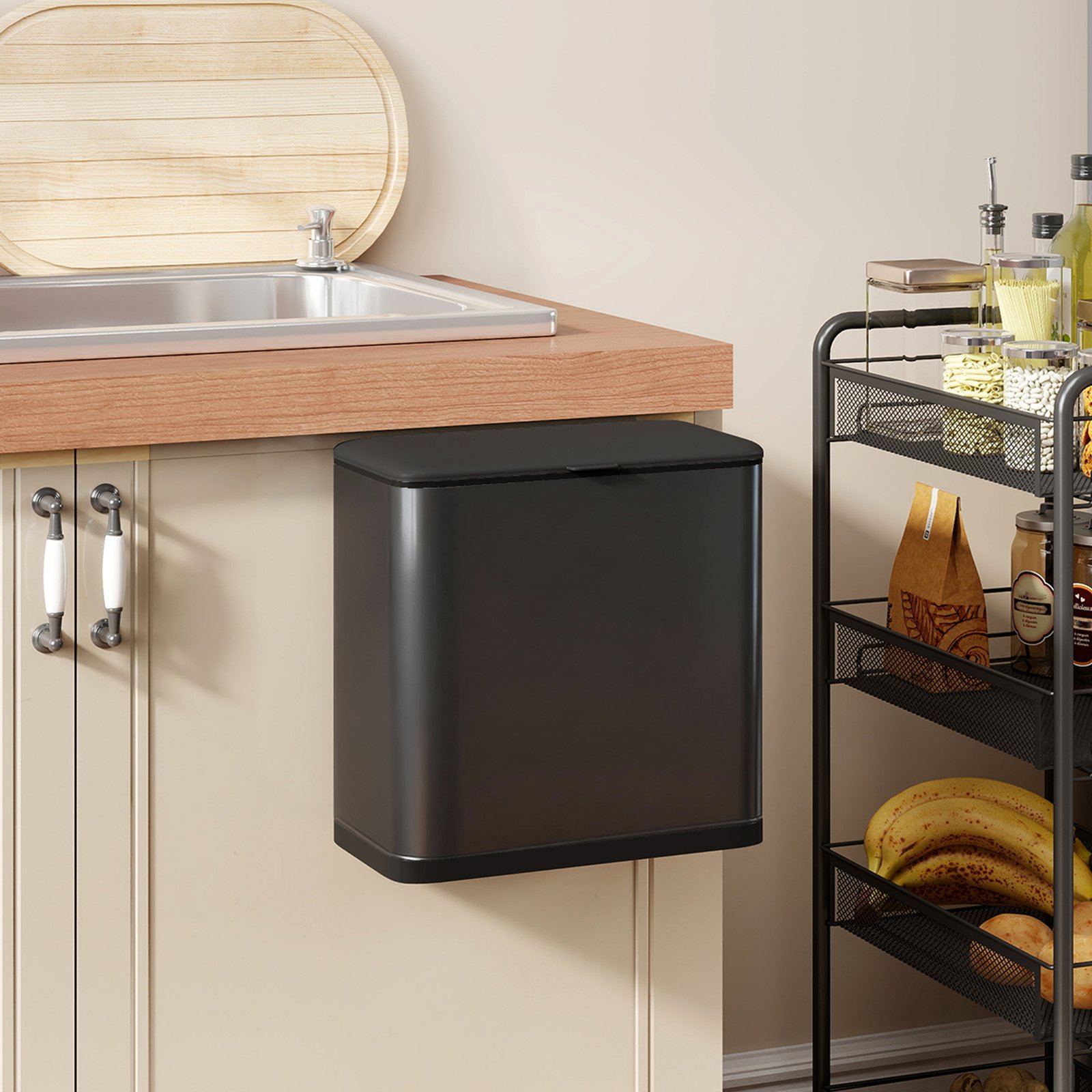 HOMCOM 8L Hanging Kitchen Bin, Rubbish bin with Lid and Removable Inner Bucket for Kitchen Cabinet Door, Under Sink, Office