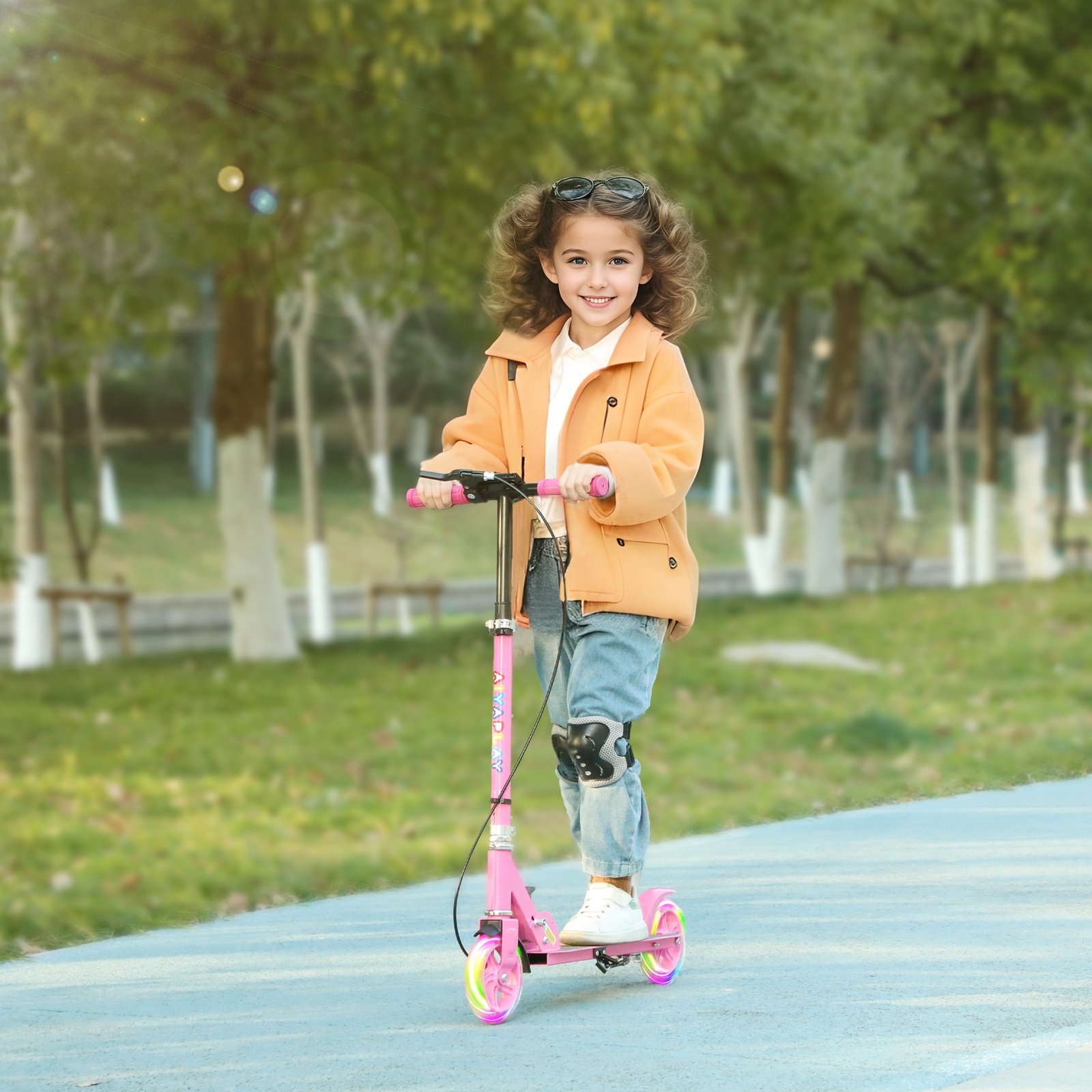AIYAPLAY Scooter for Kids Aged 3-8 Years, with Adjustable Handle, Two Light Up Wheels, Handbrake, Rear Brake, Pink