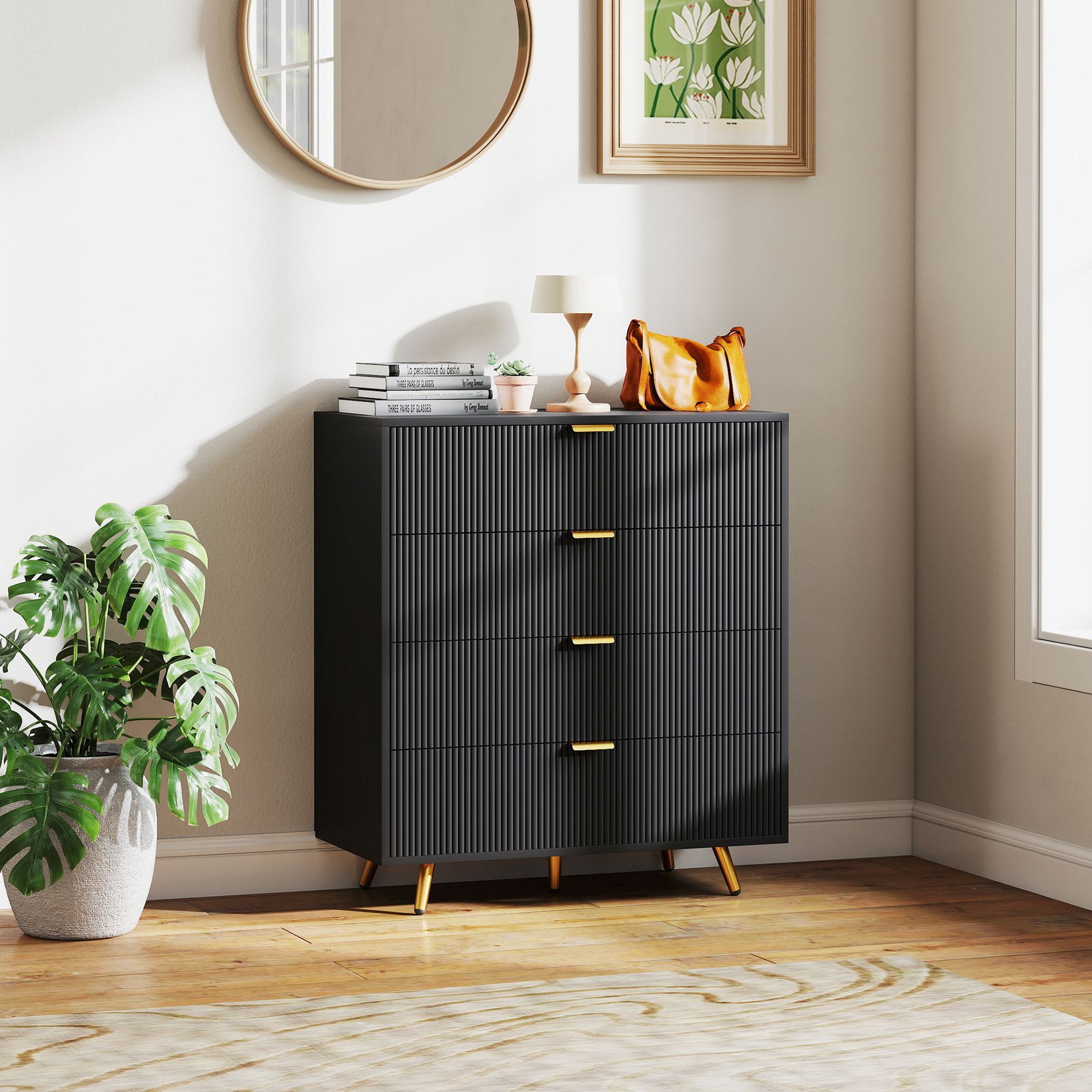 HOMCOM Elegant Four-Drawer Bedside Table - Black