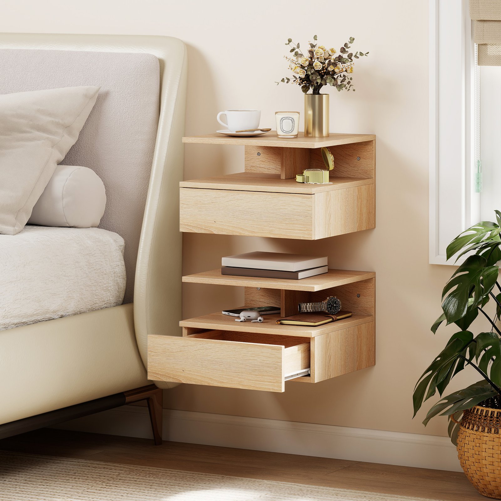 HOMCOM Set of Two Floating Bedside Tables - Oak Tone