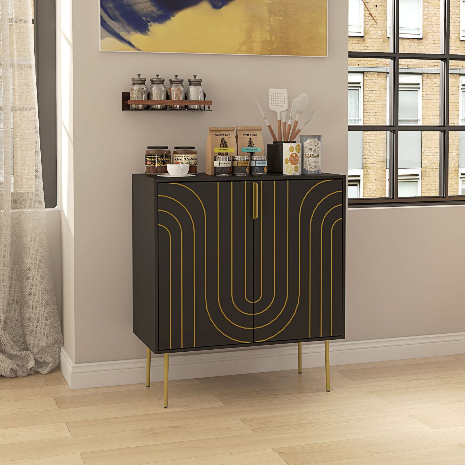 HOMCOM Art Deco Inspired Sideboard, with Adjustable Shelf - Black/Gold Tone