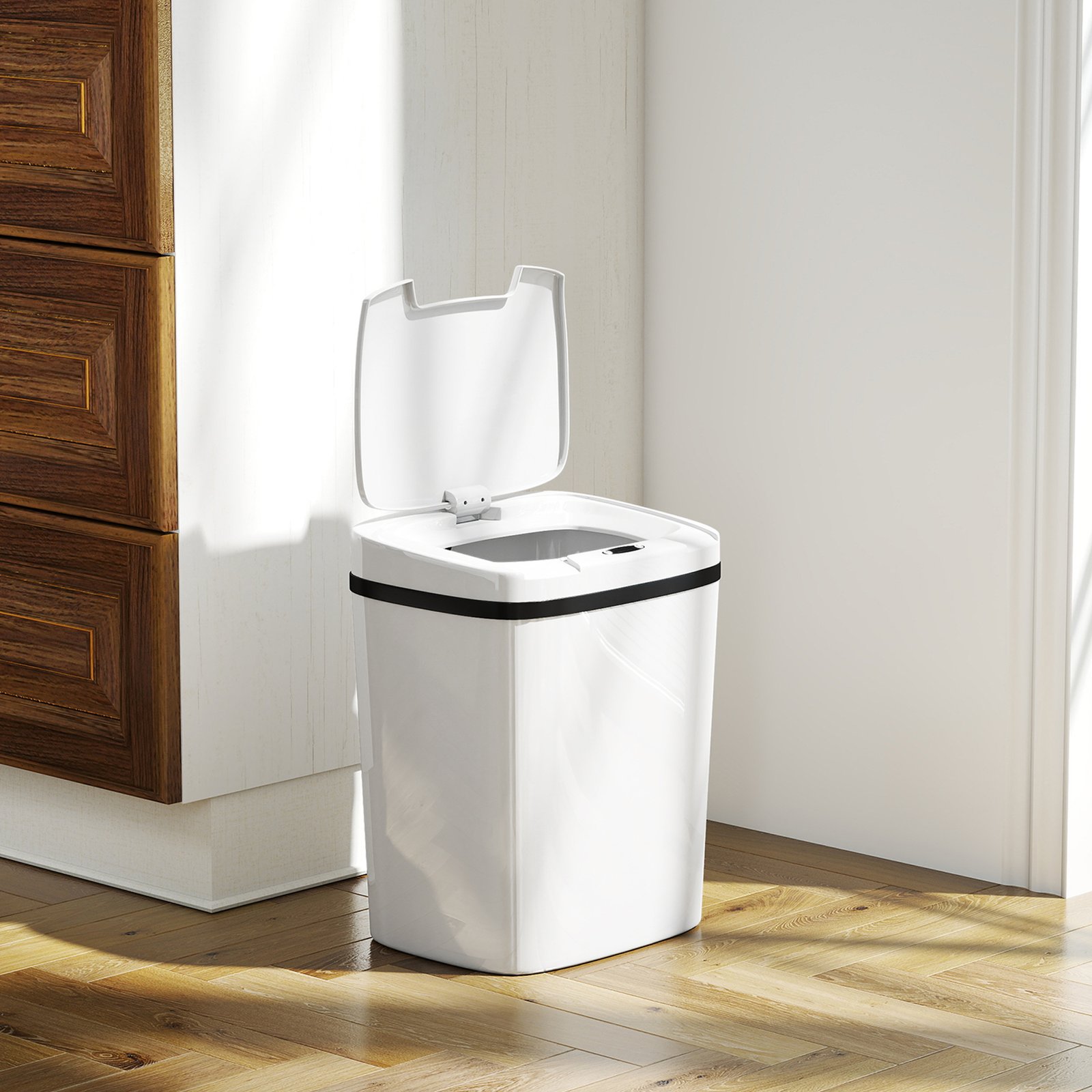 HOMCOM 15L Sensor Bin, Automatic Touchless Kitchen Bin, Easy Clean, Battery Operated for Home Office, Bedroom, Bathroom, White