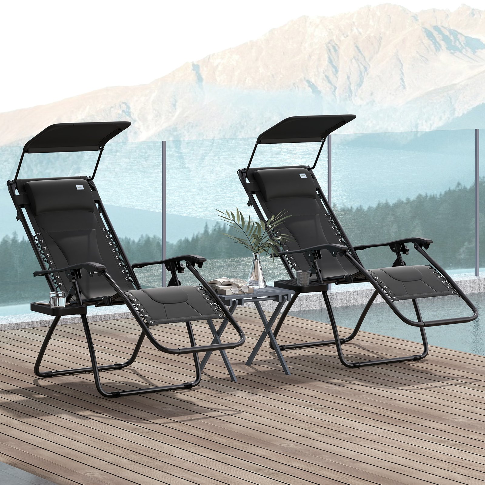 Outsunny Zero Gravity Lounger Chair Set of 2, Folding Reclining Patio Chair with Shade Cover, Padded Seat, Cup Holder, Soft Cushion and Headrest for Poolside, Camping, Black