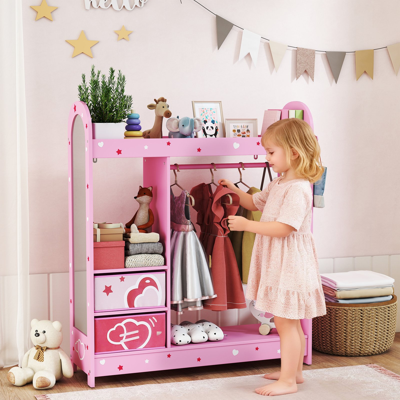 AIYAPLAY Kids Clothes Rail, Kids Wardrobe with Mirror, Shelves, Fabric Storage and Hooks for Bedroom, Nursery, Pink