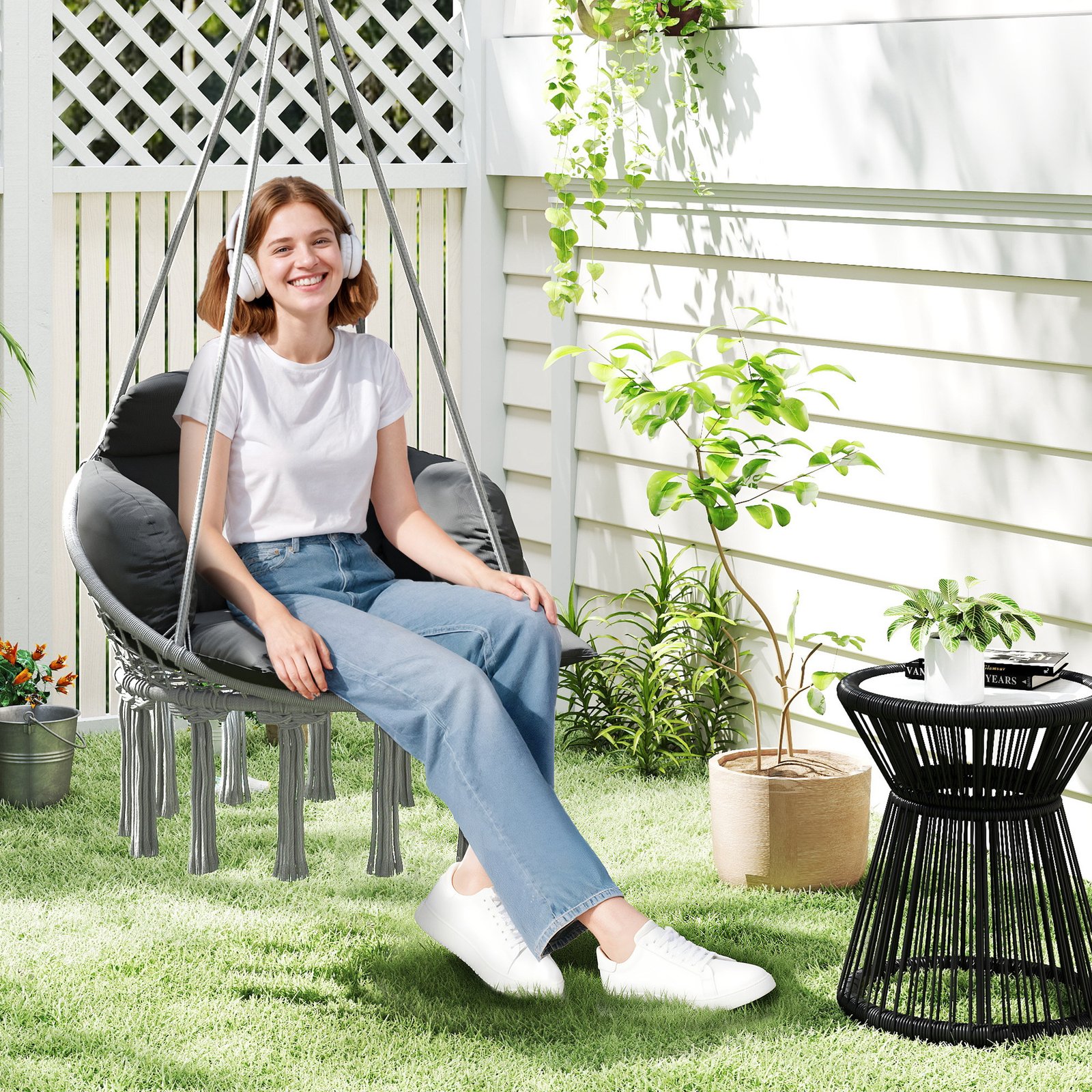 Outsunny Hanging Chair Outdoor Hammock Chair with Soft Cushion, Cotton Rope Boho Style Swing Chair, Hanging Garden Swing Seat for Indoor Outdoor, Dark Grey