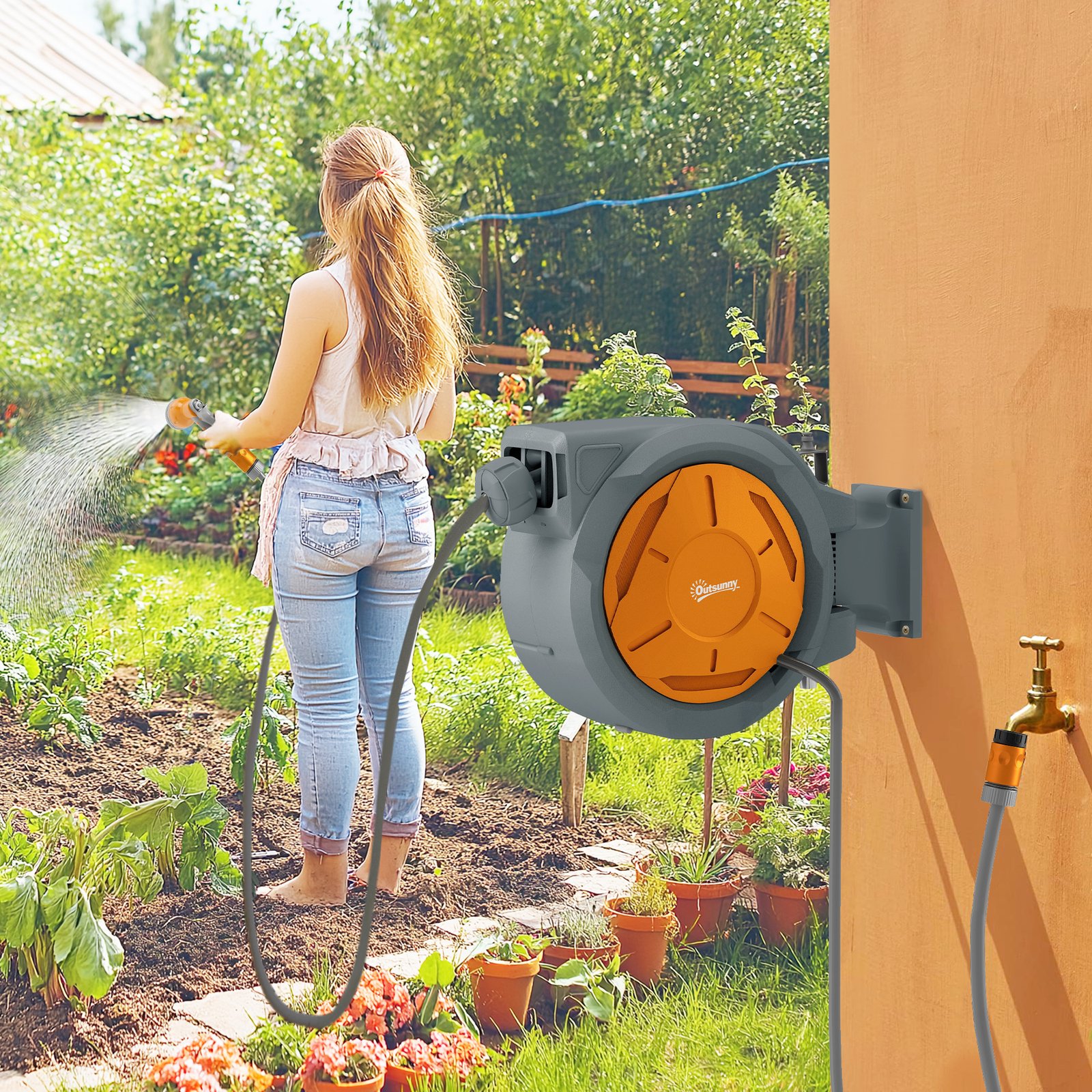 Outsunny Retractable Hose Reel Wall Mounted, 30+2m Garden Hose Pipe Reel with Lock, Auto Rewind, 7 in 1 Spray Nozzle, Includes Wall Fixings, 180 Swivel, Outdoor Watering, 59 x 23 x 42 cm, Orange