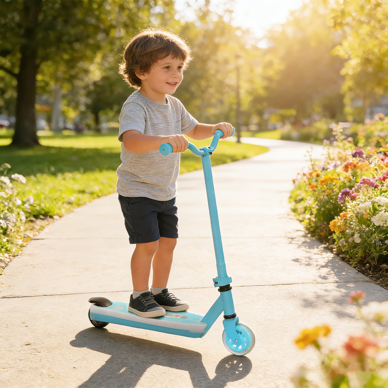AIYAPLAY Electric Scooter for Kids Aged 4-7 Years, with Flashing LED Lights, Rear Auxiliary Wheels, Blue