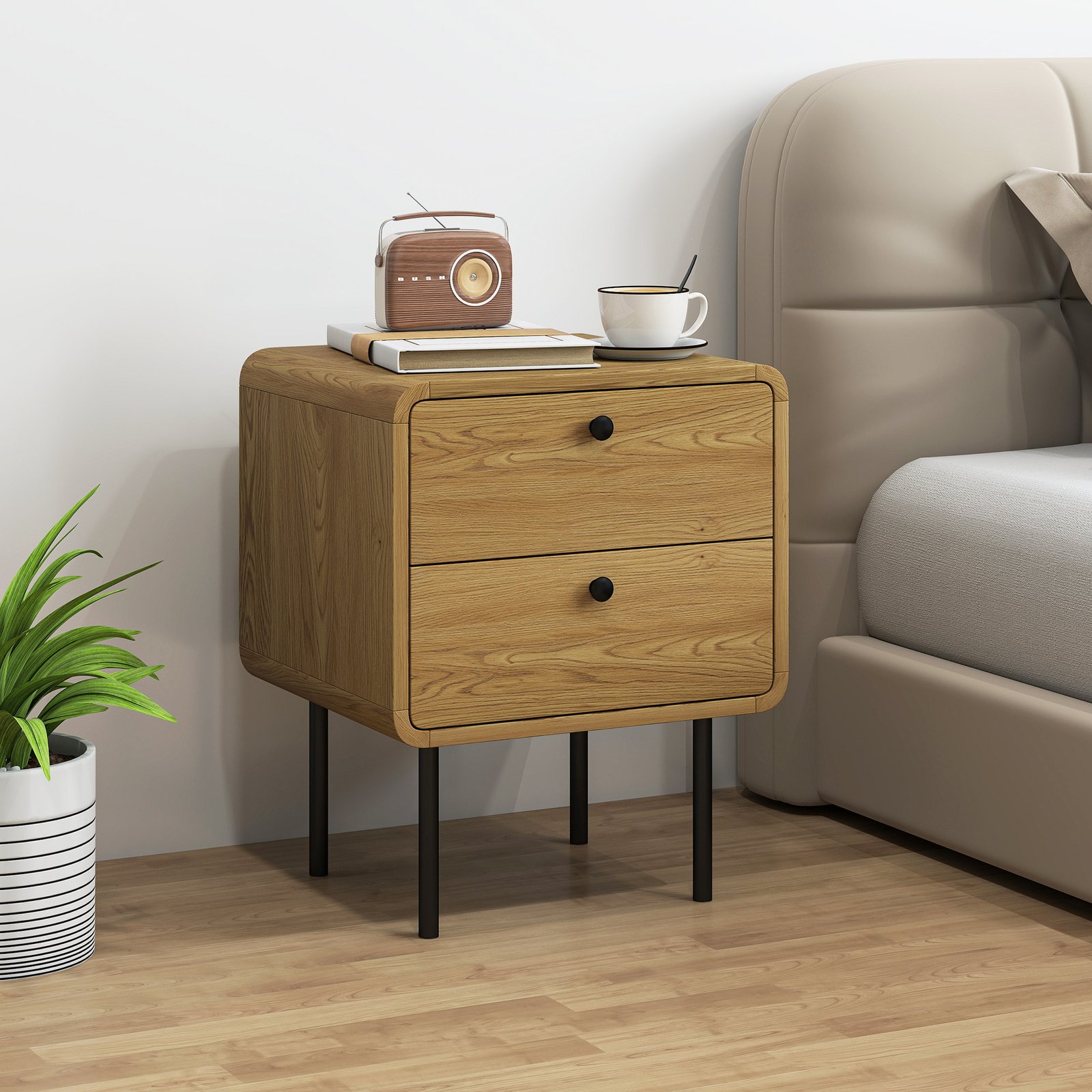 HOMCOM Bedside Table with 2 Drawers and Steel Legs - Oak