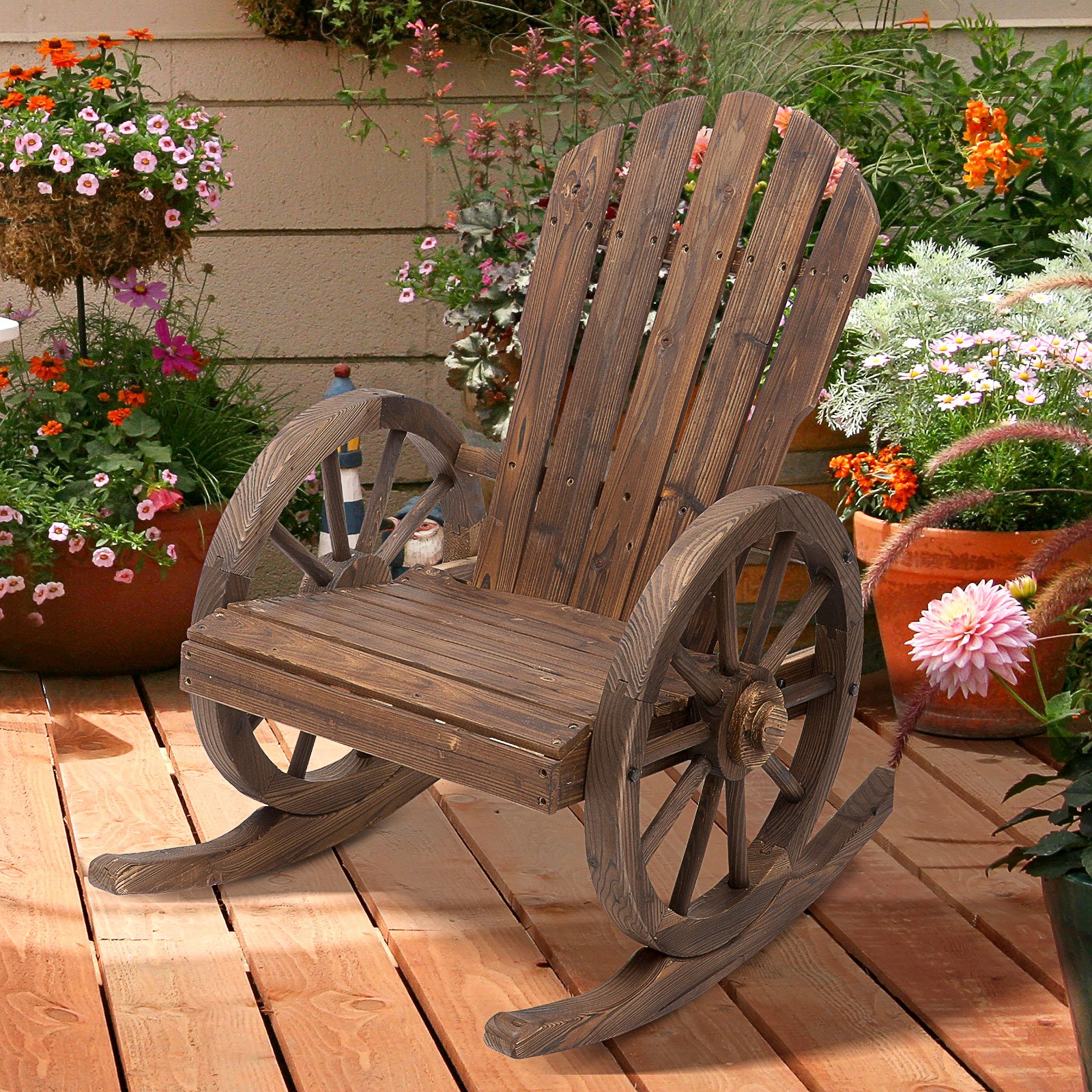 Outsunny 2 Piece Wooden Adirondack Rocking Chair Reclining Armchair Outdoor Garden Furniture Patio Porch Rocker - Carbonized Wood Colour