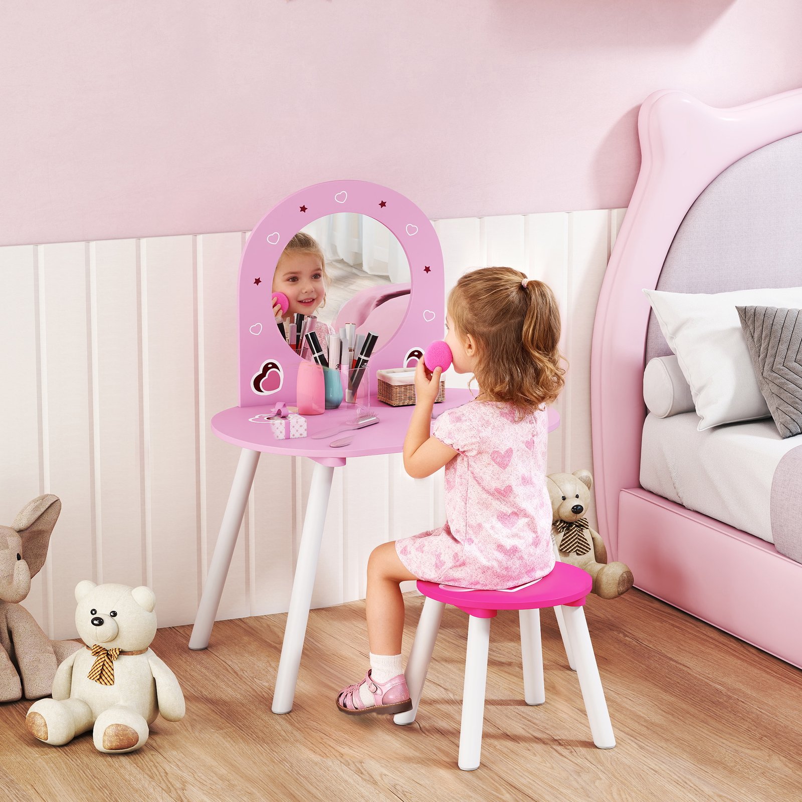 AIYAPLAY Kids Dressing Table with Mirror and Stool, Girls Vanity Set for Kids Room, Bedroom, Nursery, for Ages 36 Years, Pink