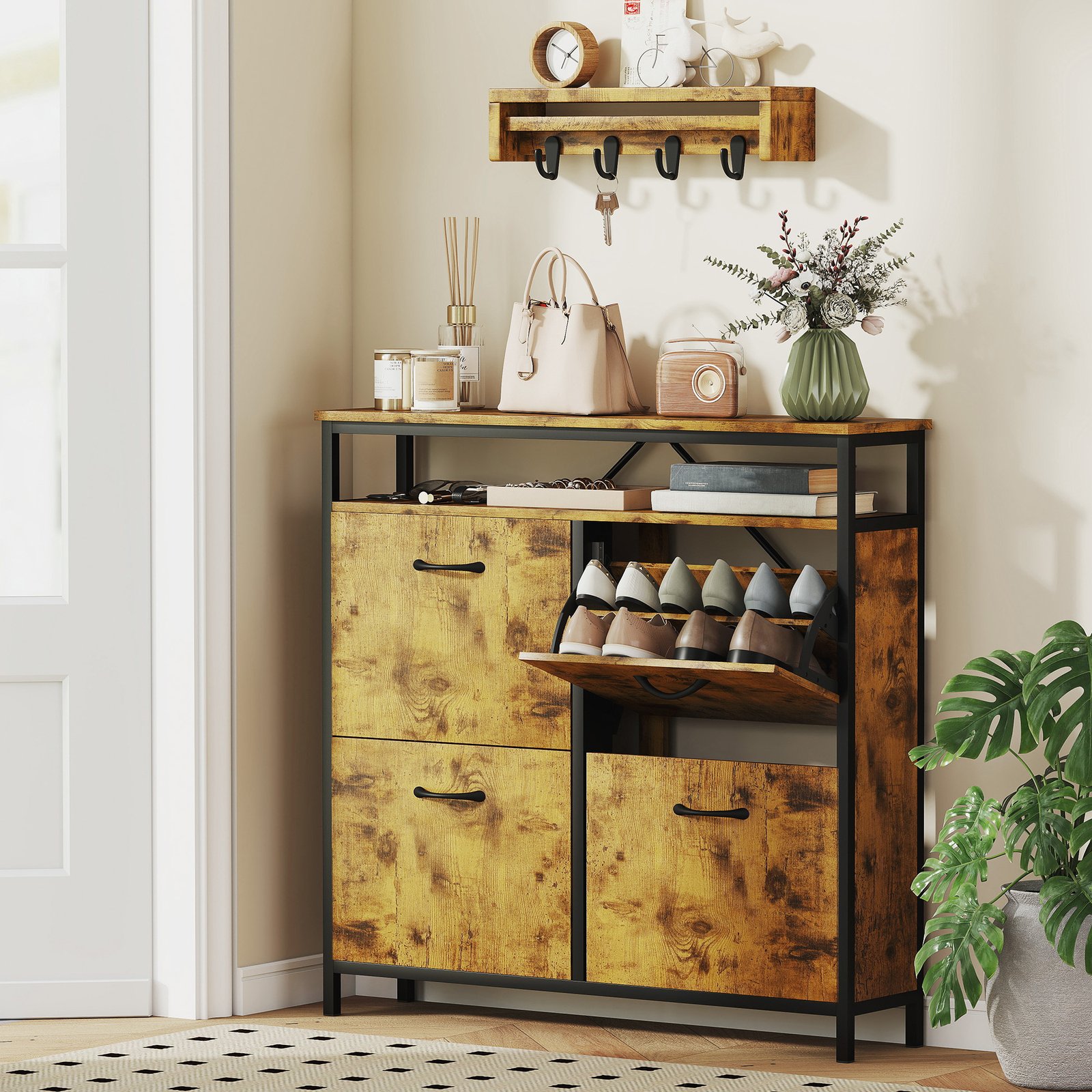 HOMCOM Shoe Storage Cabinet with 4 Flip Drawers and Open Shelf - Rustic Brown
