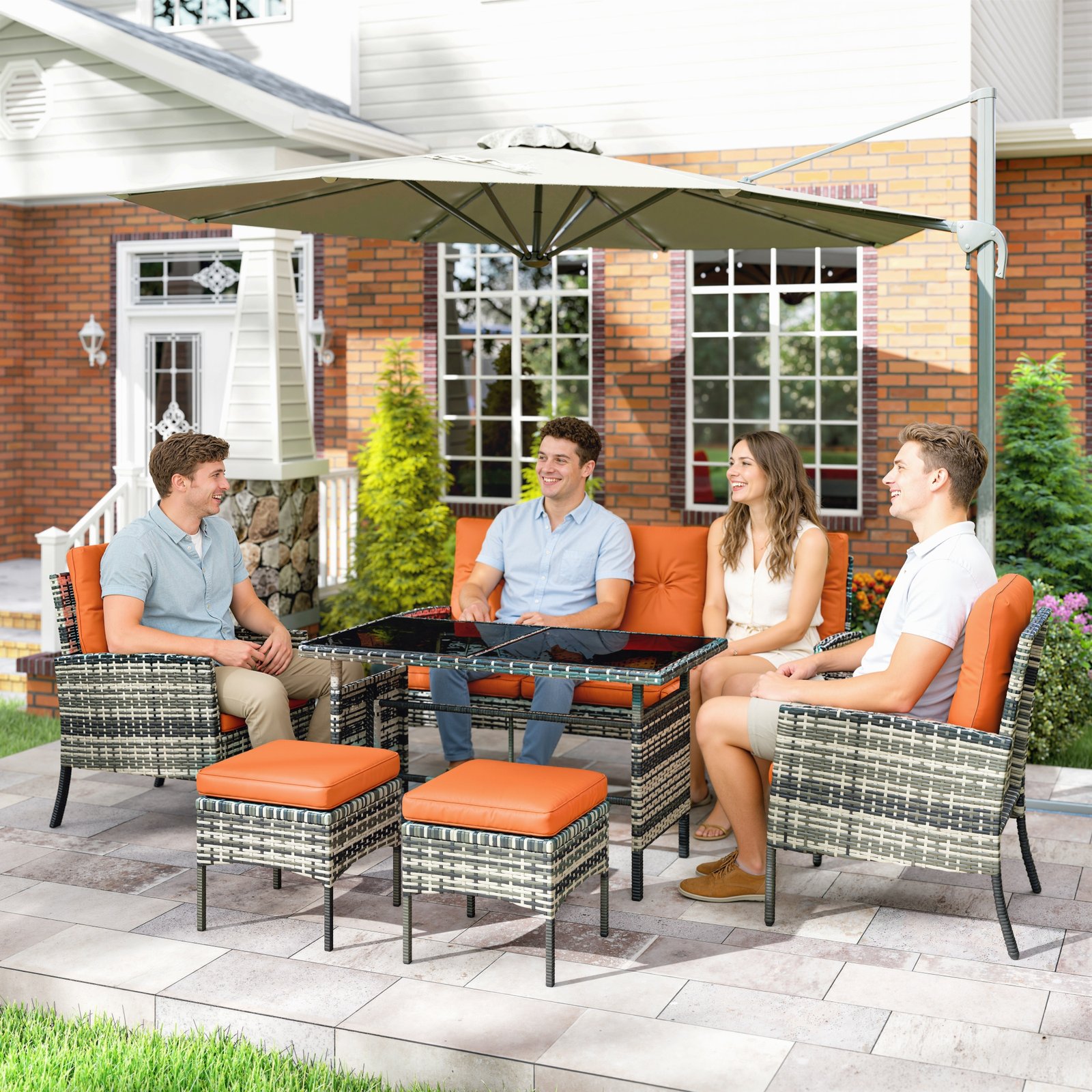 Outsunny 6 Pieces Rattan Garden Furniture Set with Dining Table and Cushions, Orange