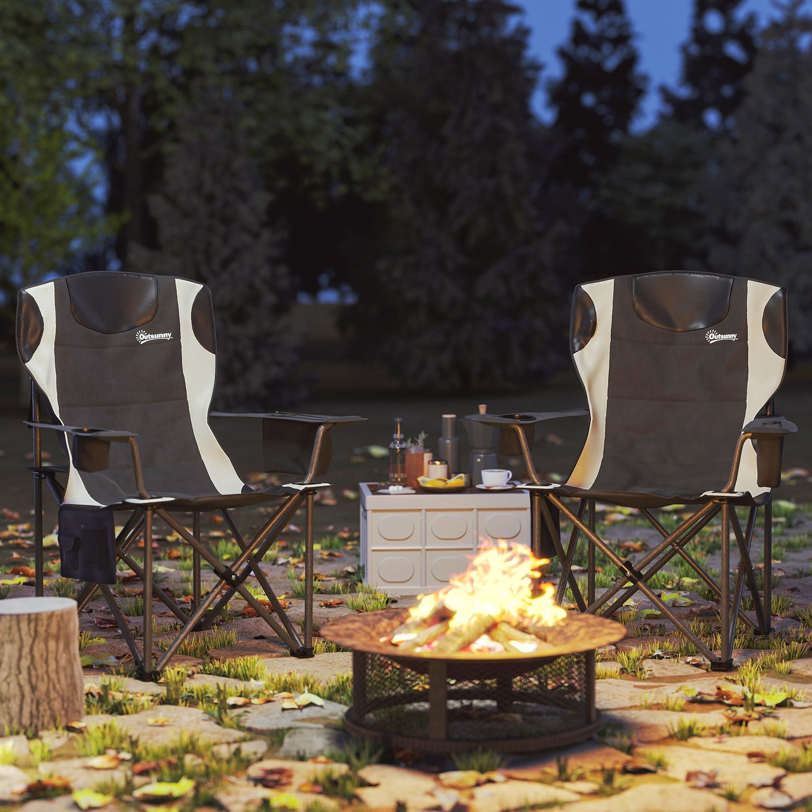 Outsunny Set of 2 Folding Camping Chairs, Padded Camping Chairs with Adjustable Armrests, Portable & Lightweight Folding Camp Chair with Cooler Bag, Cup Holder and Side Pockets, Black