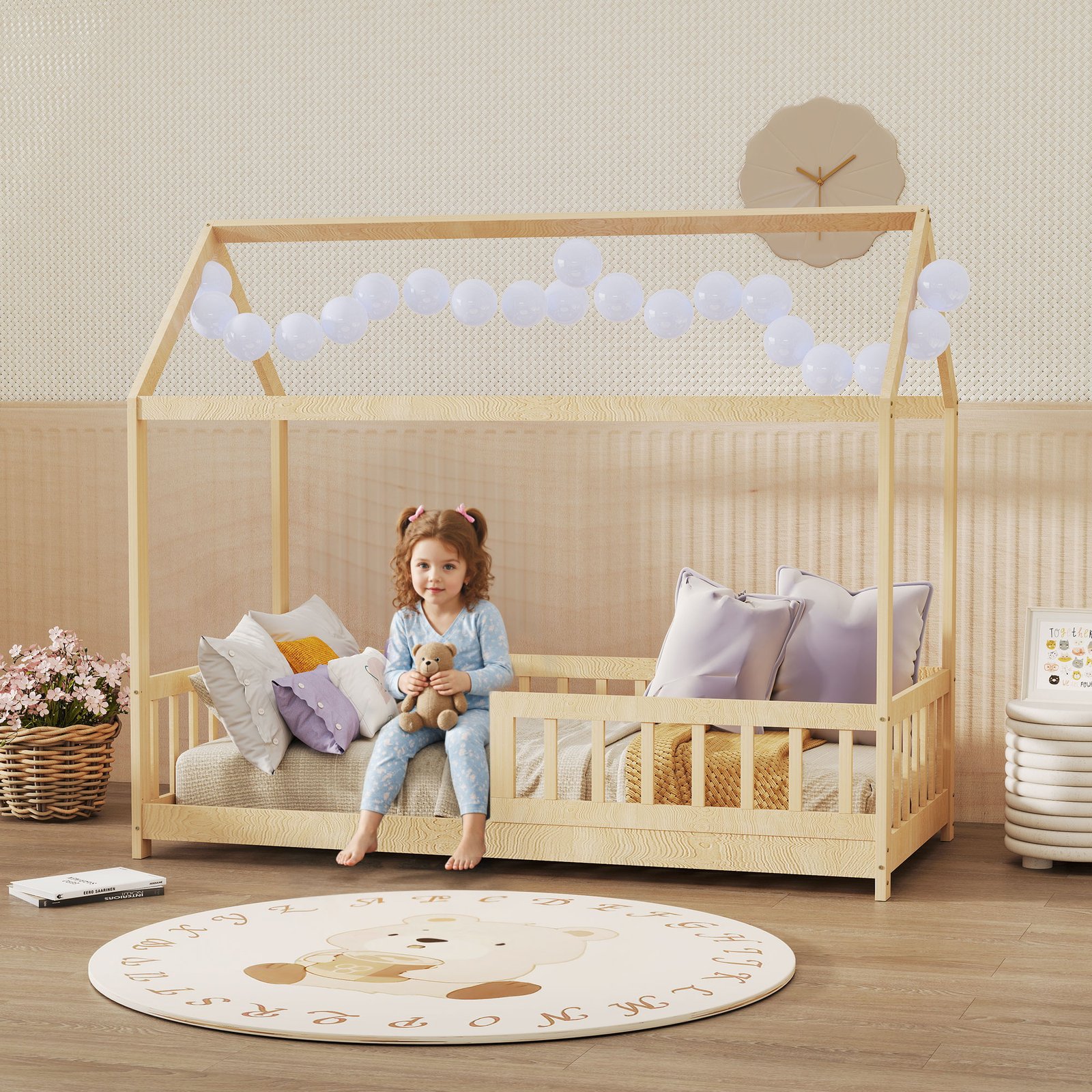 HOMCOM House-Shaped Kids Bed Frame with Guard Rails, Solid Pine Wood Single Bed Frame for Kids Boys and Girls, Natural