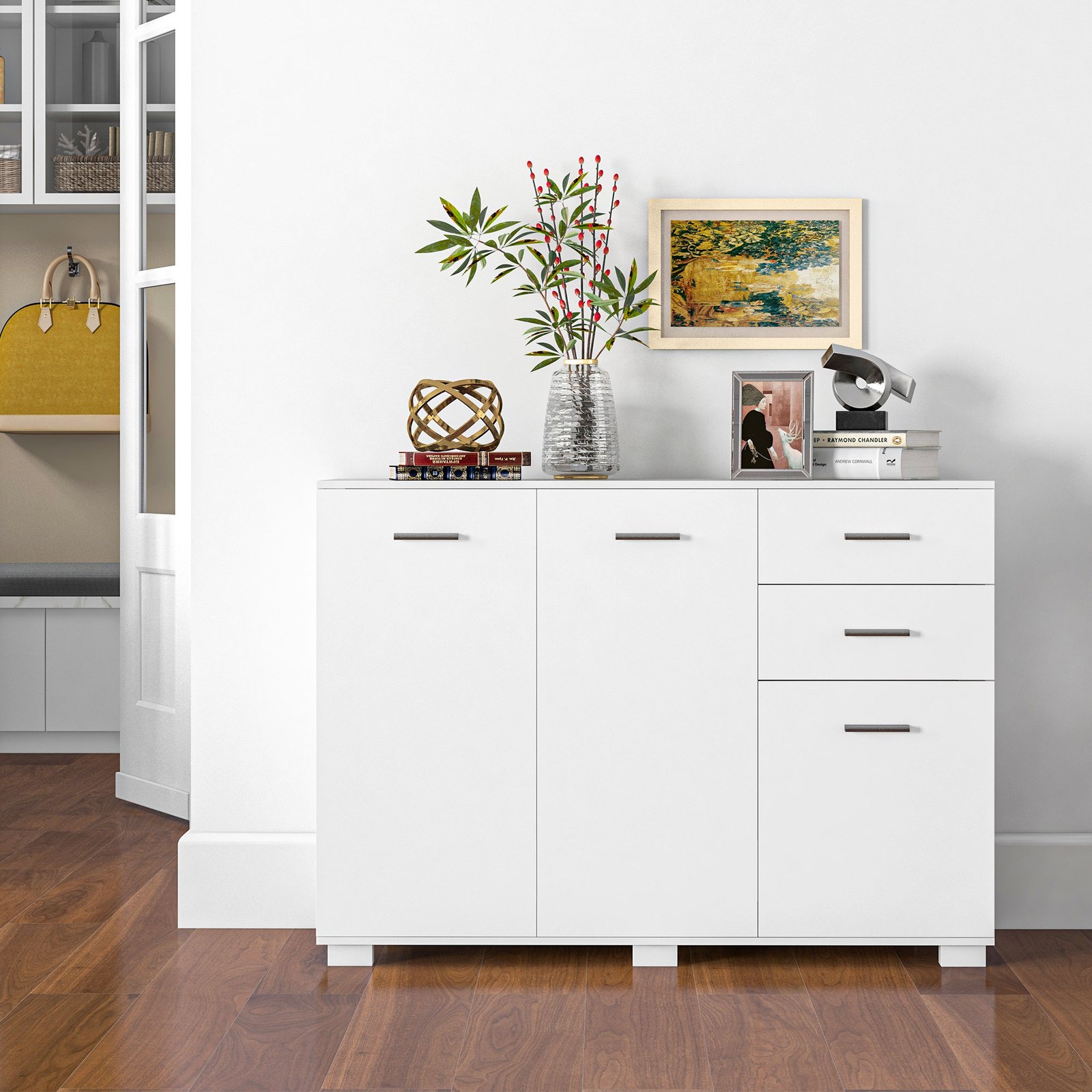HOMCOM Sideboard, Modern Storage Cabinet with 2 Drawers, 3 Doors and Adjustable Shelves, Kitchen Cabinet, White