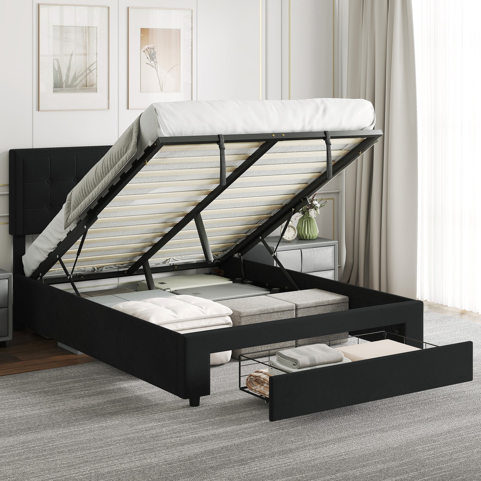 HOMCOM Double Ottoman Bed Frame, with Front Drawer - Black