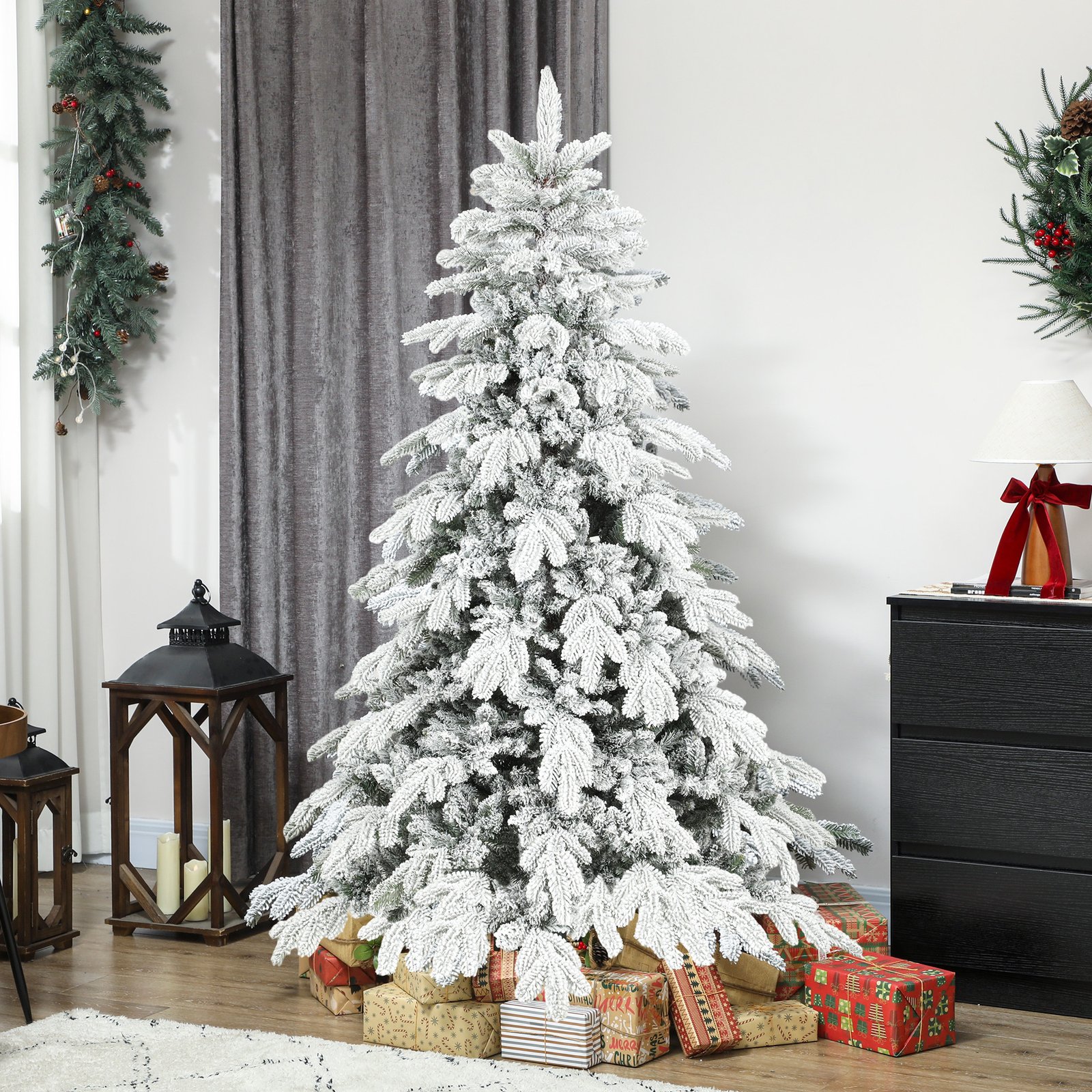 HOMCOM 6ft Super Flocked Christmas Tree - Green/White